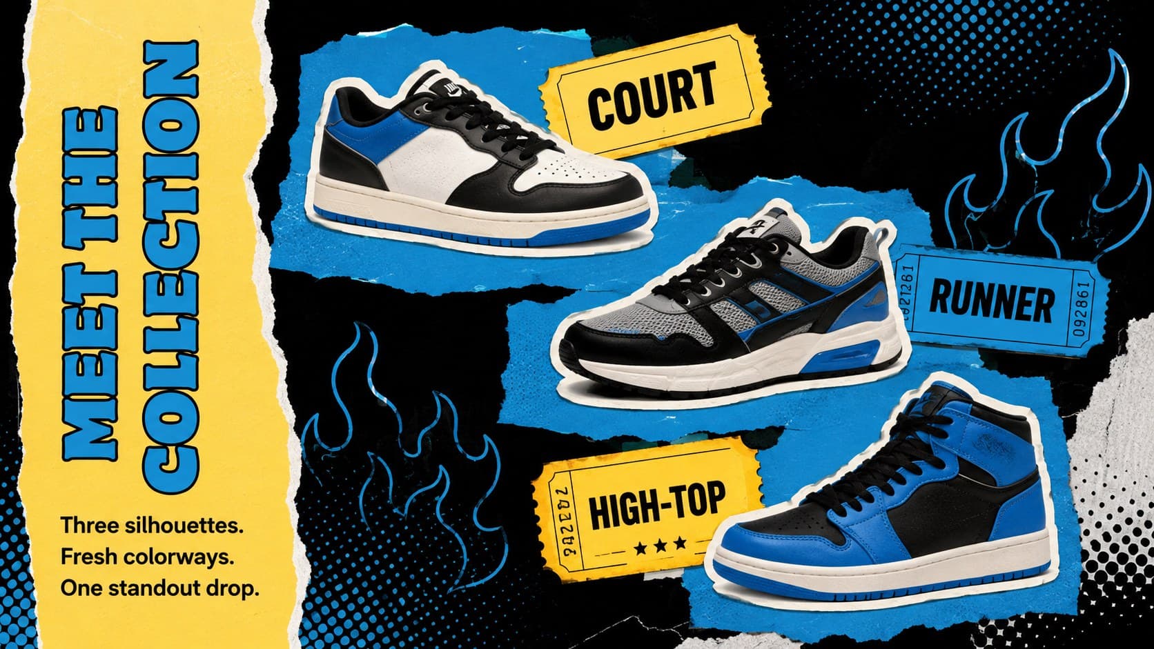 Blue sneaker collection overview slide presenting three footwear styles in a retro streetwear presentation deck.