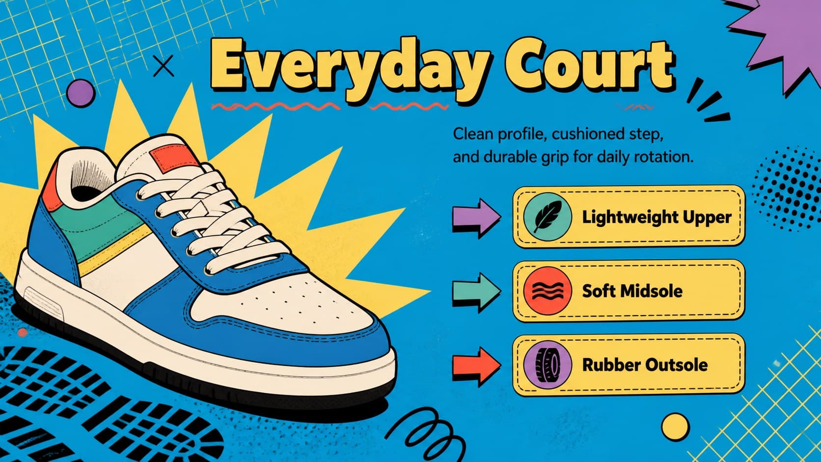 Sneaker product showcase template slide featuring a hero shoe, key benefits, and bold sticker graphics.