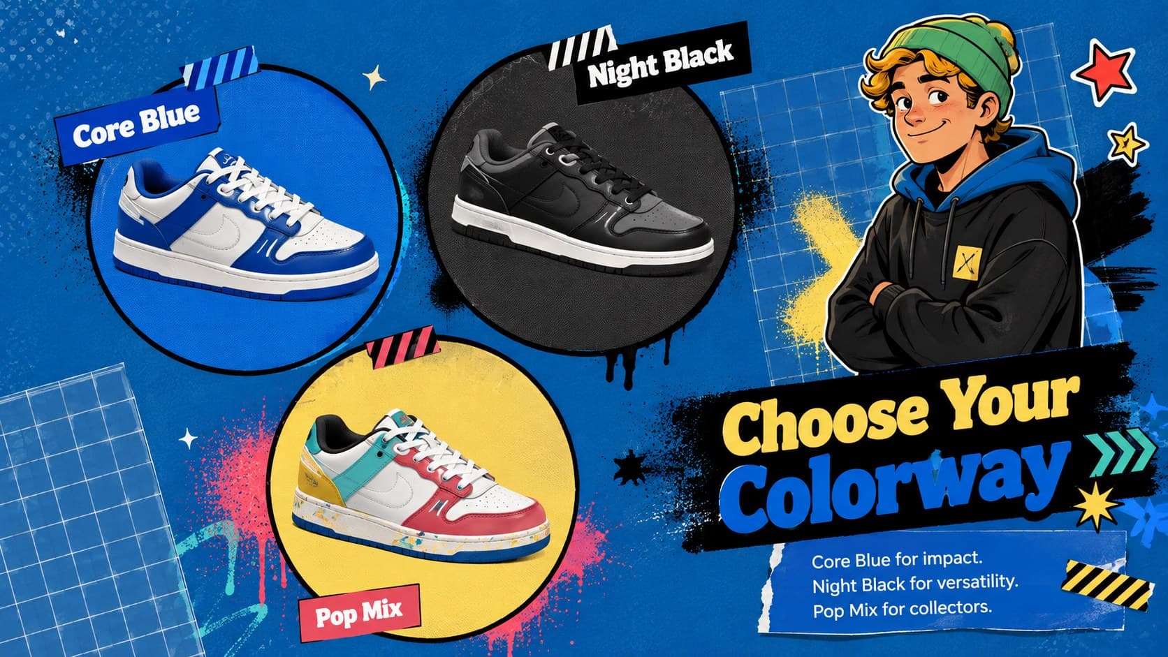 Colorway comparison slide showing three sneaker options in blue, black, and multicolor treatments.