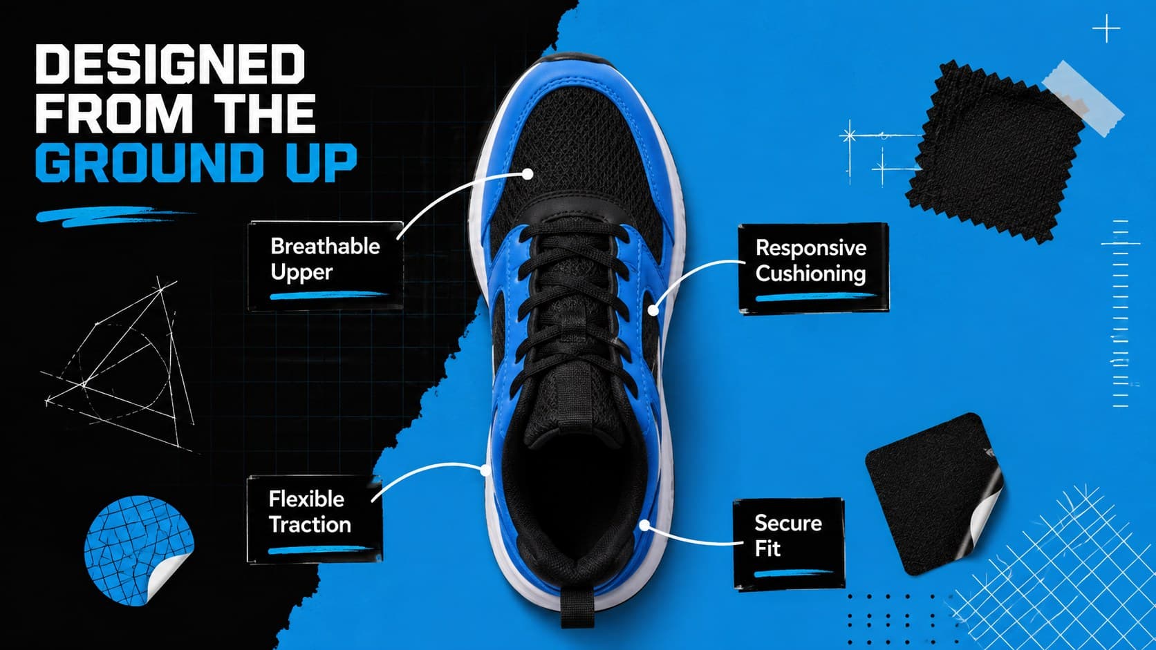 Retro sneaker lookbook presentation slide detailing shoe construction, cushioning, traction, and fit.