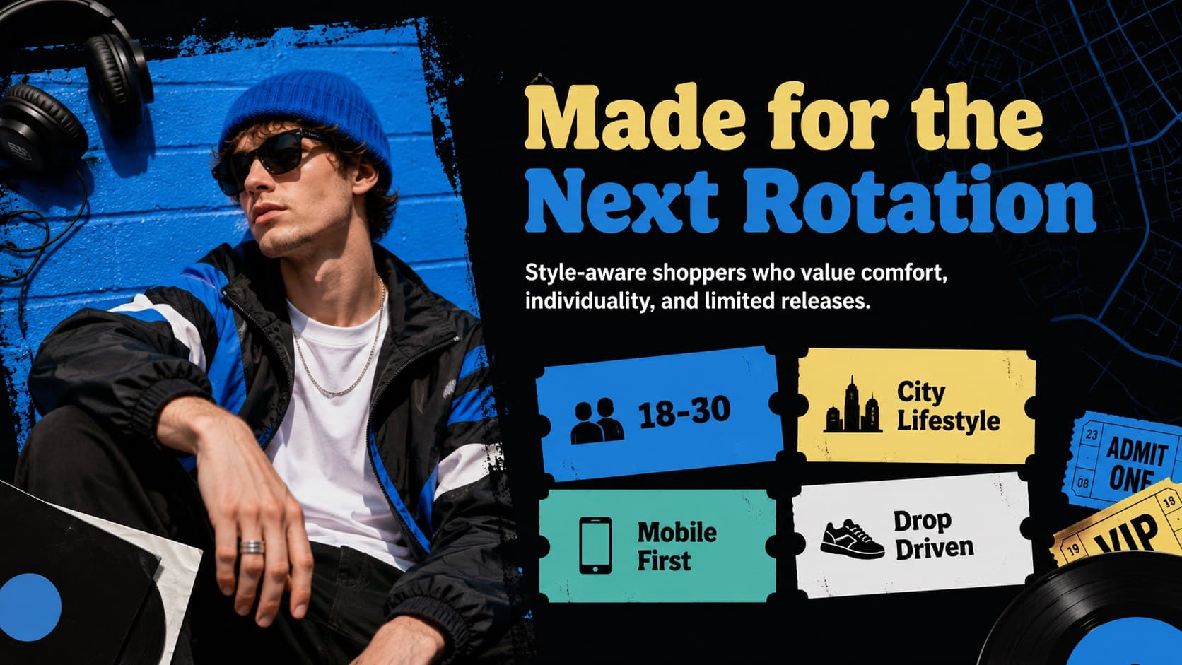 Streetwear audience profile slide with customer interests and shopping priorities for a sneaker launch.