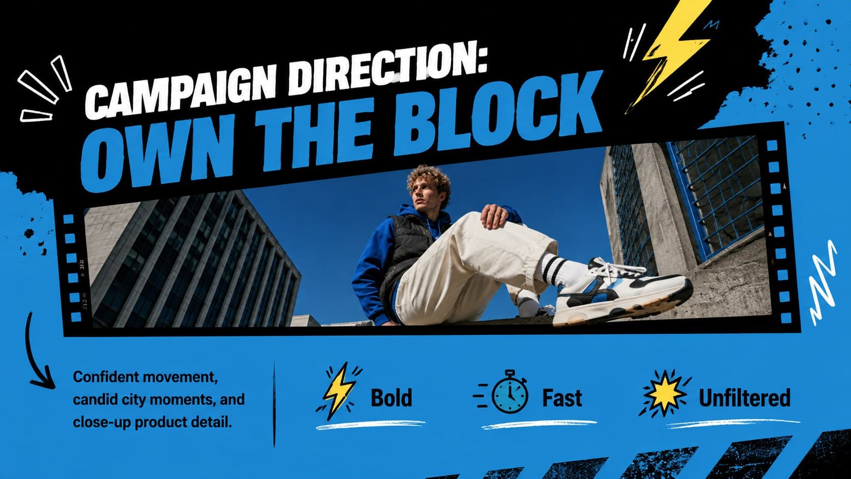 Footwear campaign concept slide combining sneaker photography with street-inspired visual direction.