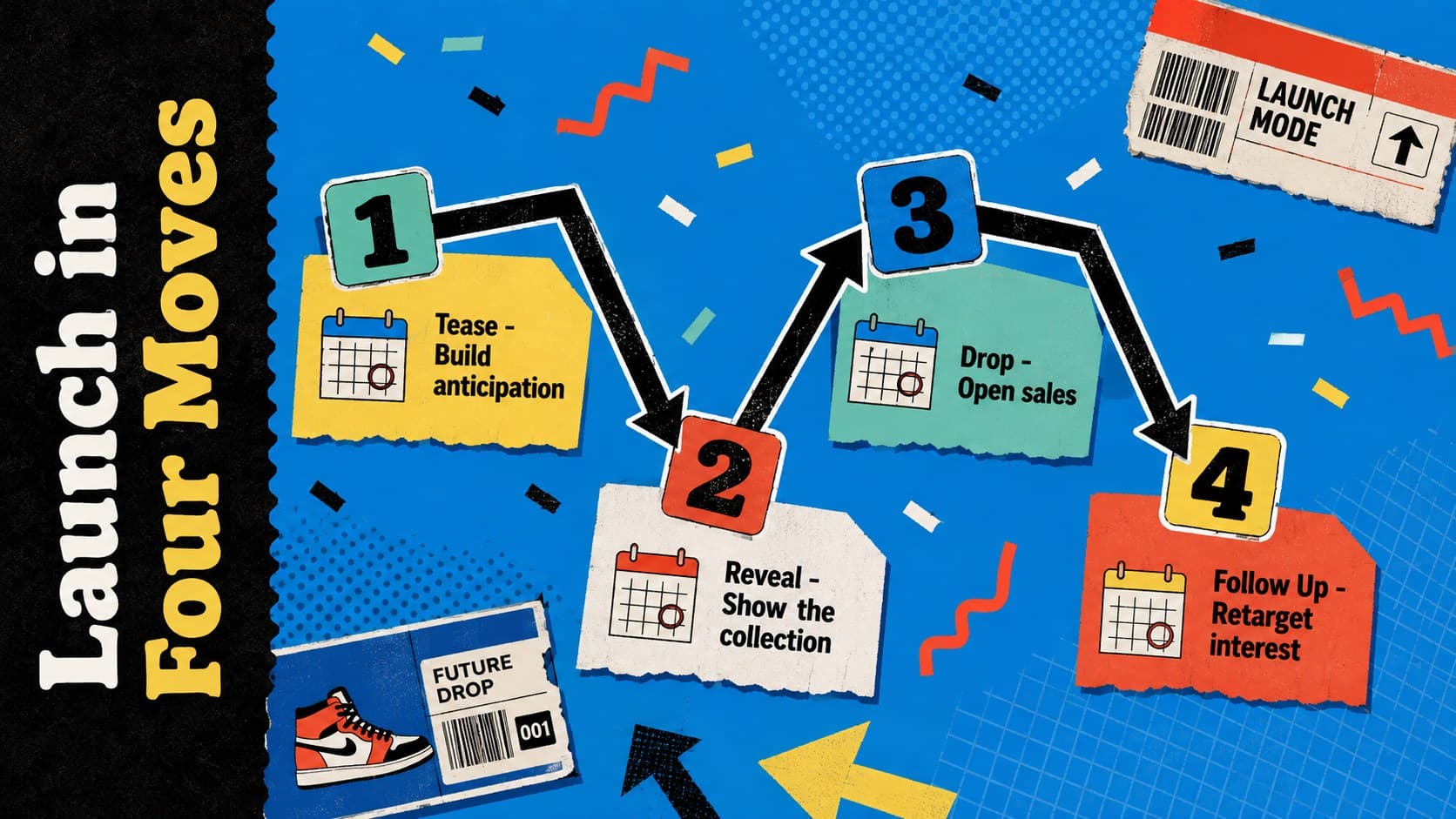 Animated footwear catalog slide outlining teaser, reveal, launch, and follow-up campaign phases.