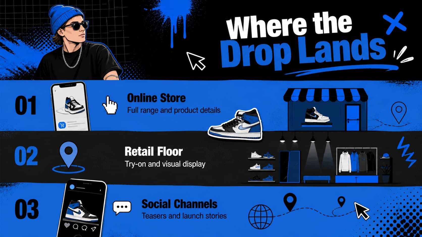 Retail channel strategy slide for a sneaker product launch across online, store, and social touchpoints.