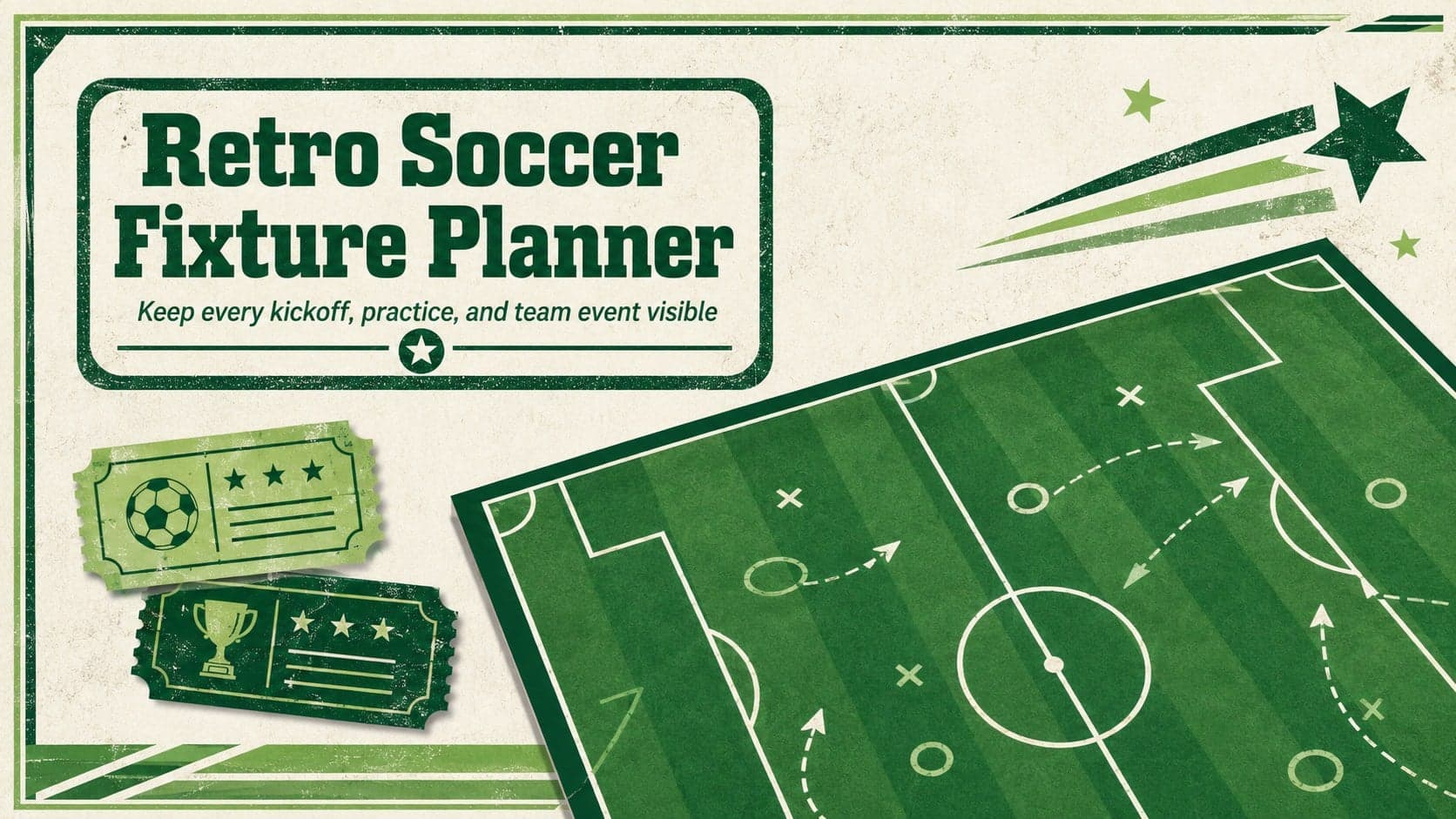 Green retro soccer fixture planner cover with vintage field graphics and bold season-planning typography.