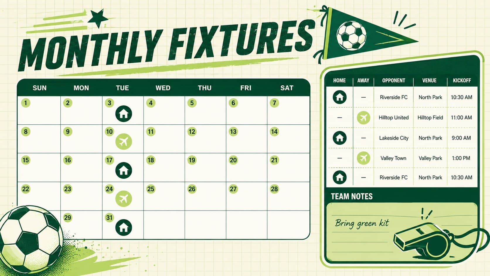 Editable soccer season calendar showing monthly fixtures, opponents, venues, and kickoff times in a green retro layout.