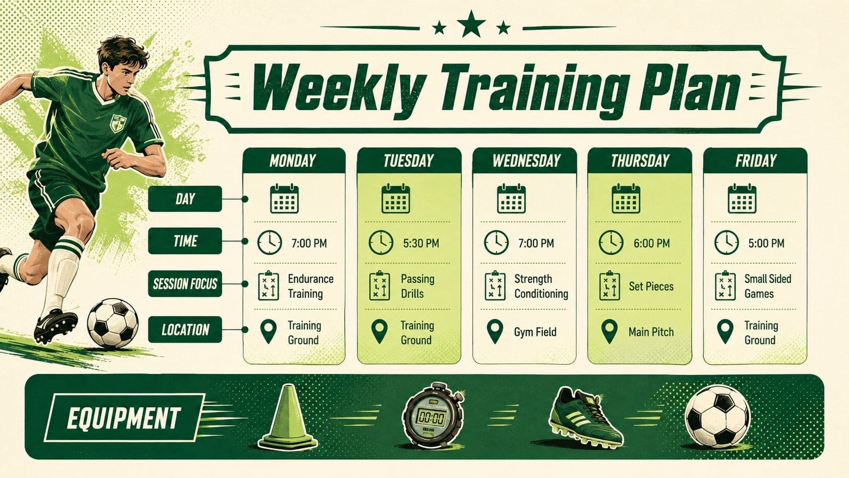 Football practice timetable template with weekday training blocks, session goals, locations, and equipment reminders.