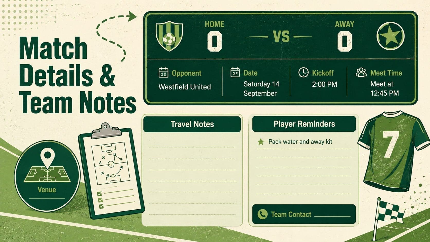 Printable team fixture organizer with match details, travel reminders, player notes, and contact information.