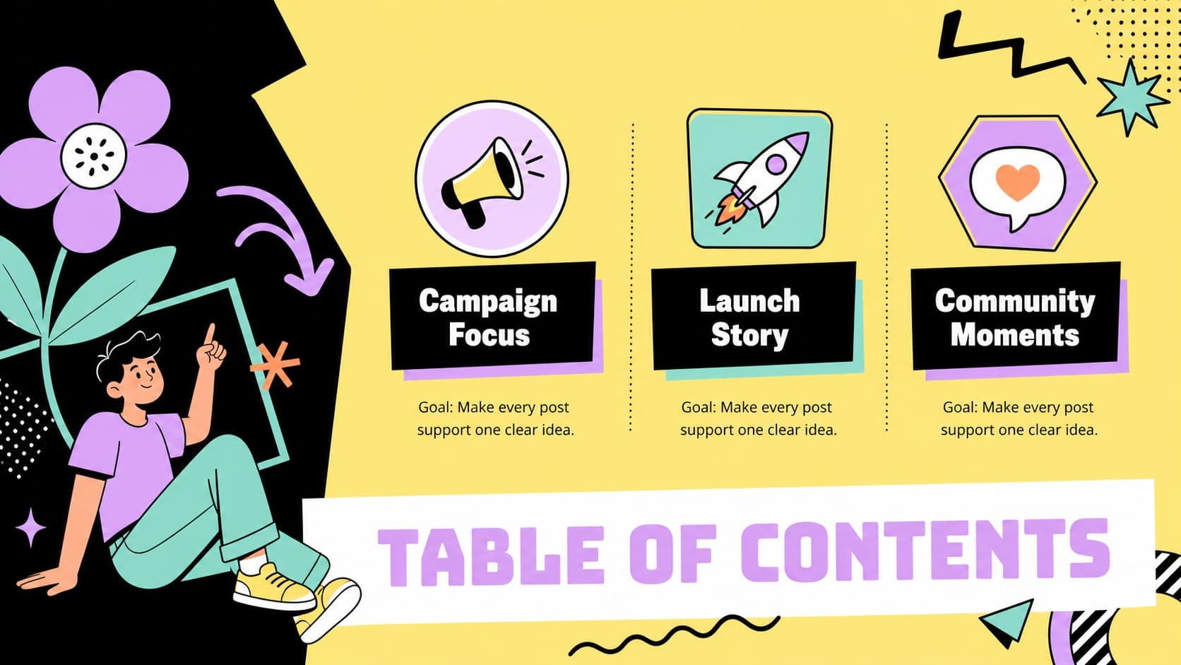 Campaign focus slide with colorful content themes arranged in a retro Memphis planning layout.