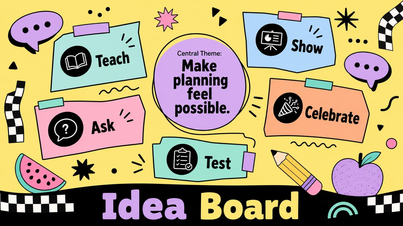 Marketing idea board with colorful prompt cards for a visual content planning presentation.