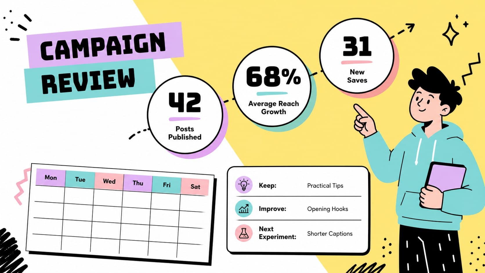 Campaign performance review slide with simple metrics and colorful progress indicators.