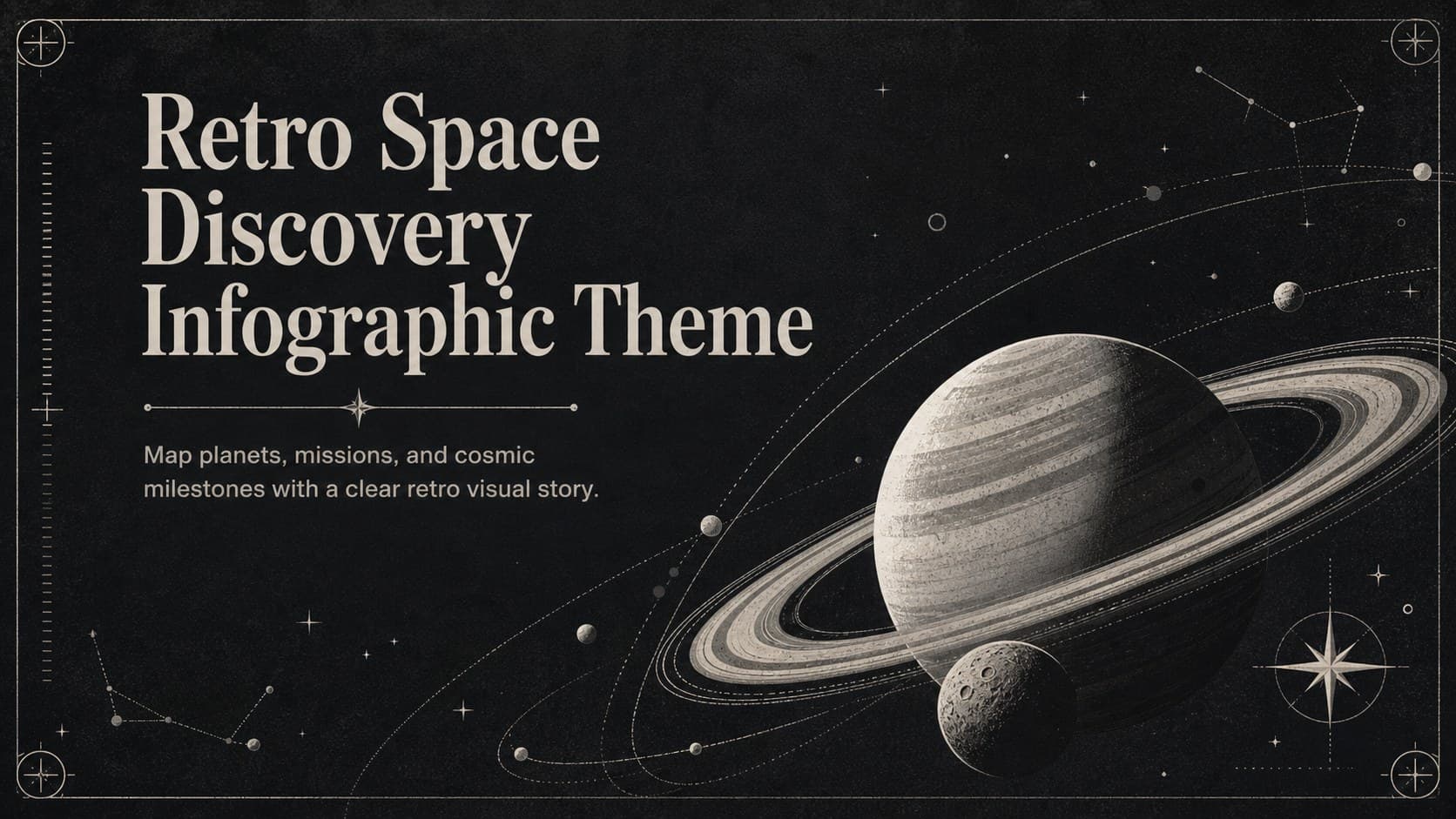 Cover of the Retro Space Discovery Infographic Theme with grayscale planets, orbital paths, and minimalist scientific typography.