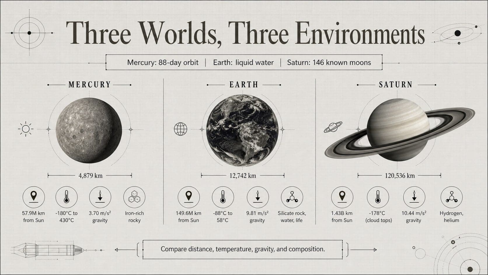 Retro astronomy infographic slide comparing Mercury, Earth, and Saturn with concise planetary data.