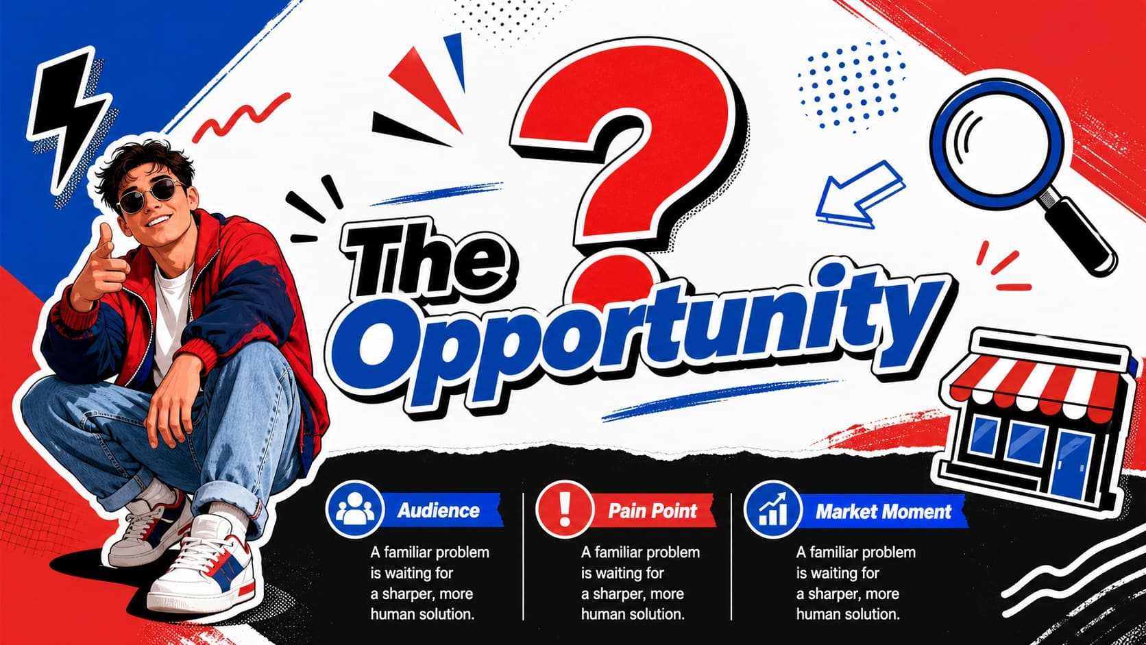 Startup opportunity slide showing a retro market challenge statement with colorful sticker-style business graphics.