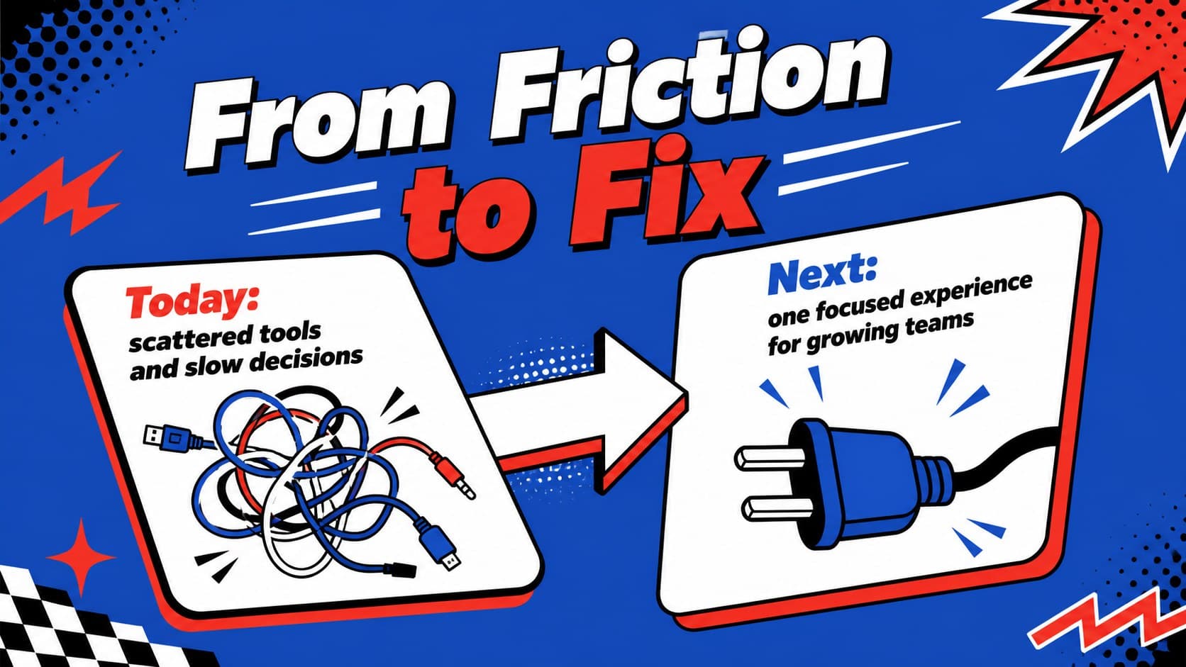 Problem and solution slide from a red and blue investor presentation with playful diagrams and bold typography.