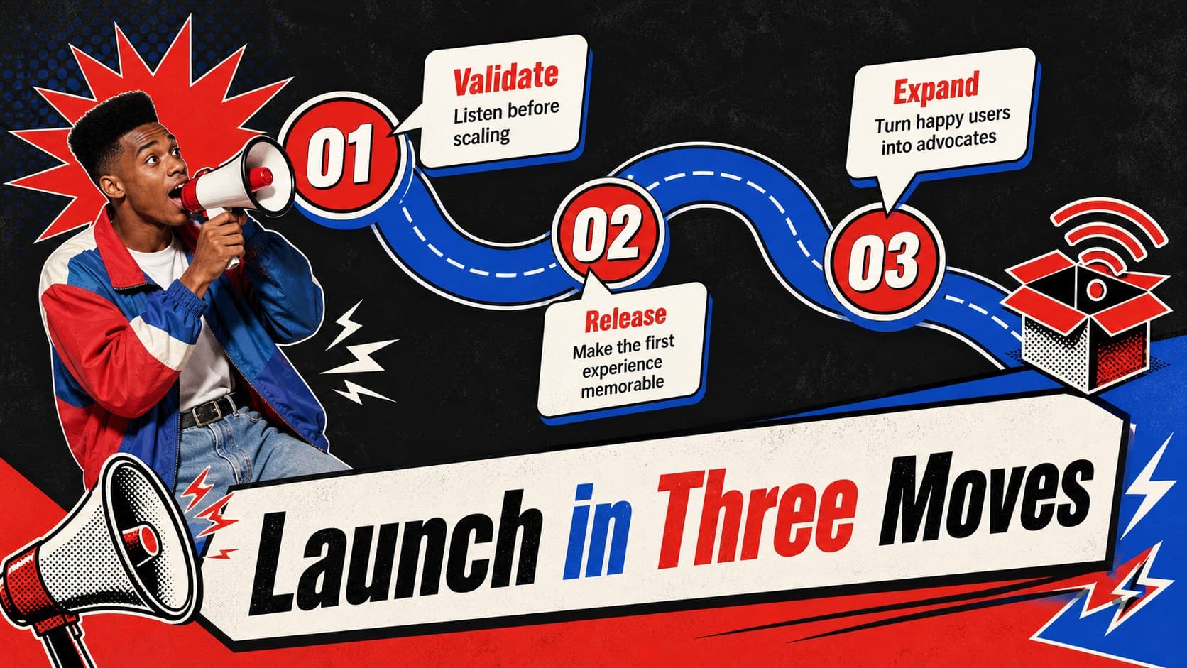 Go-to-market slide outlining a retro startup launch sequence with colorful timeline markers.