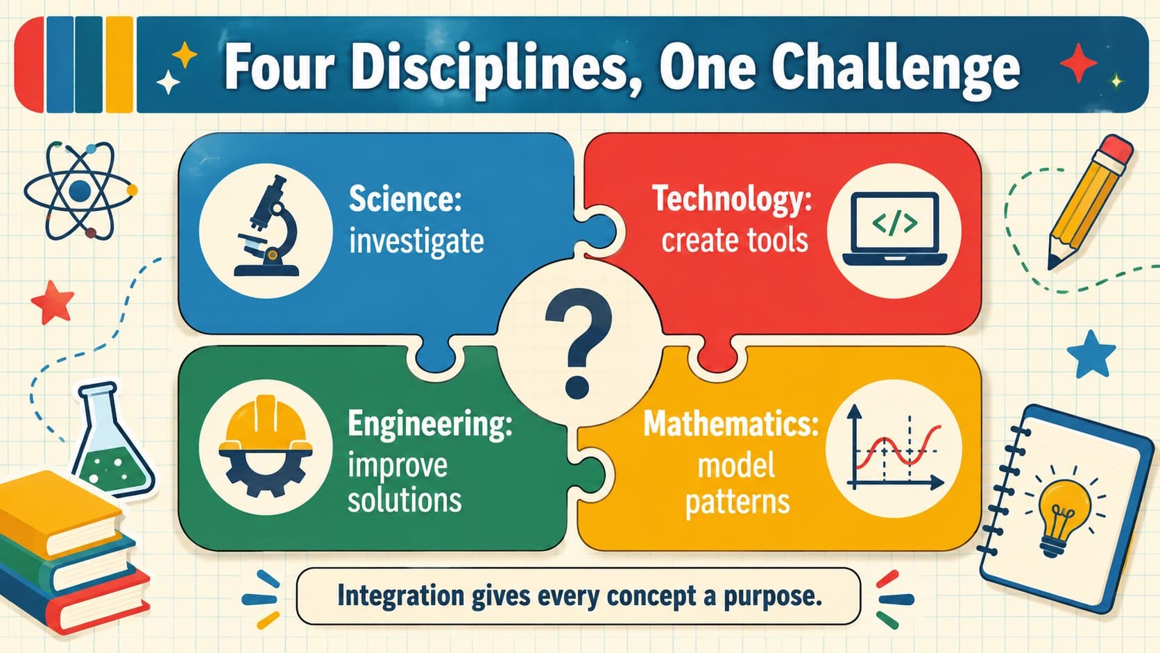 Interdisciplinary STEM lesson planning slide connecting science, technology, engineering, and mathematics.