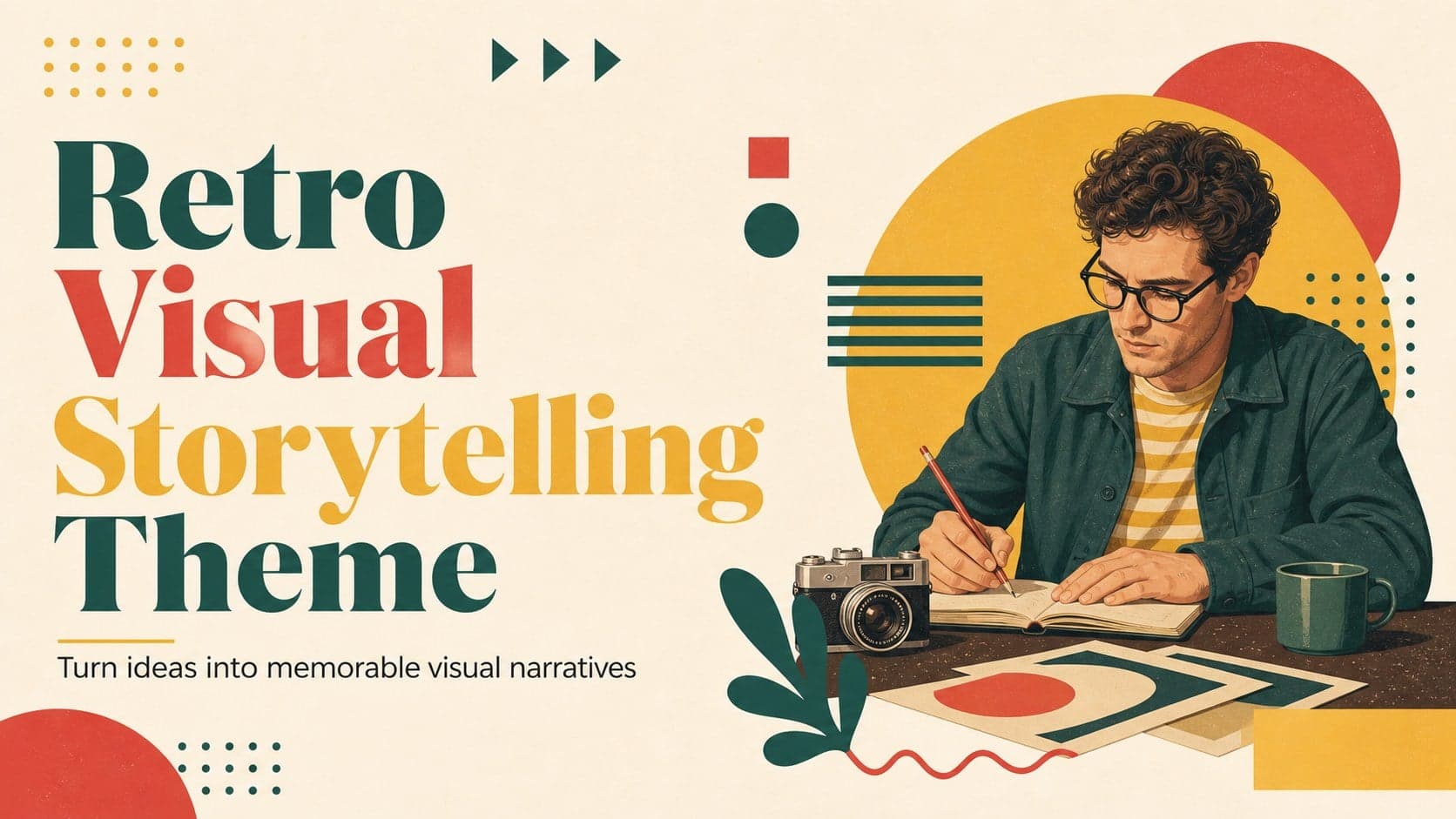 Cover slide for a retro visual storytelling theme with a bold yellow illustrated composition.