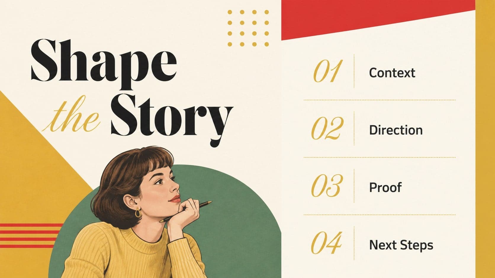 Agenda slide outlining the visual narrative sections in an illustrated design presentation template.