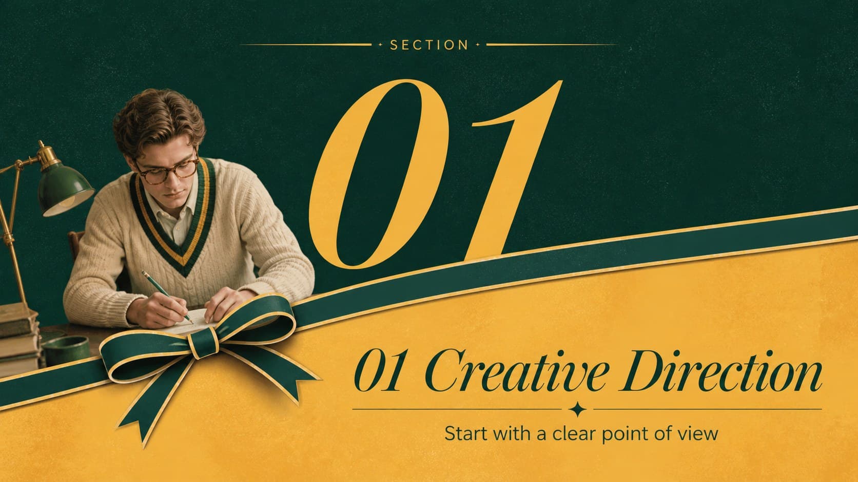Section divider introducing the creative direction for a yellow creative slides deck.