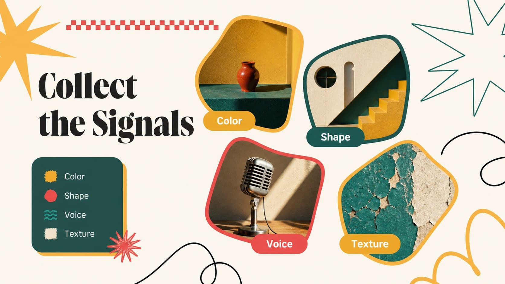 Image-led inspiration board slide in an illustrated design presentation template.