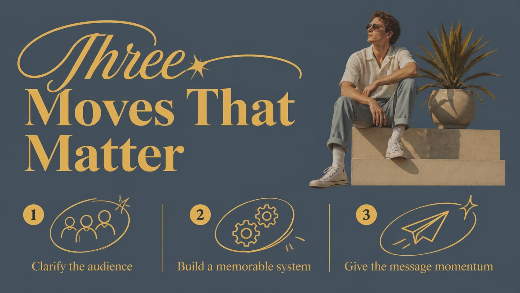 Three-point strategy slide with colorful illustrated accents for a brand strategy presentation.