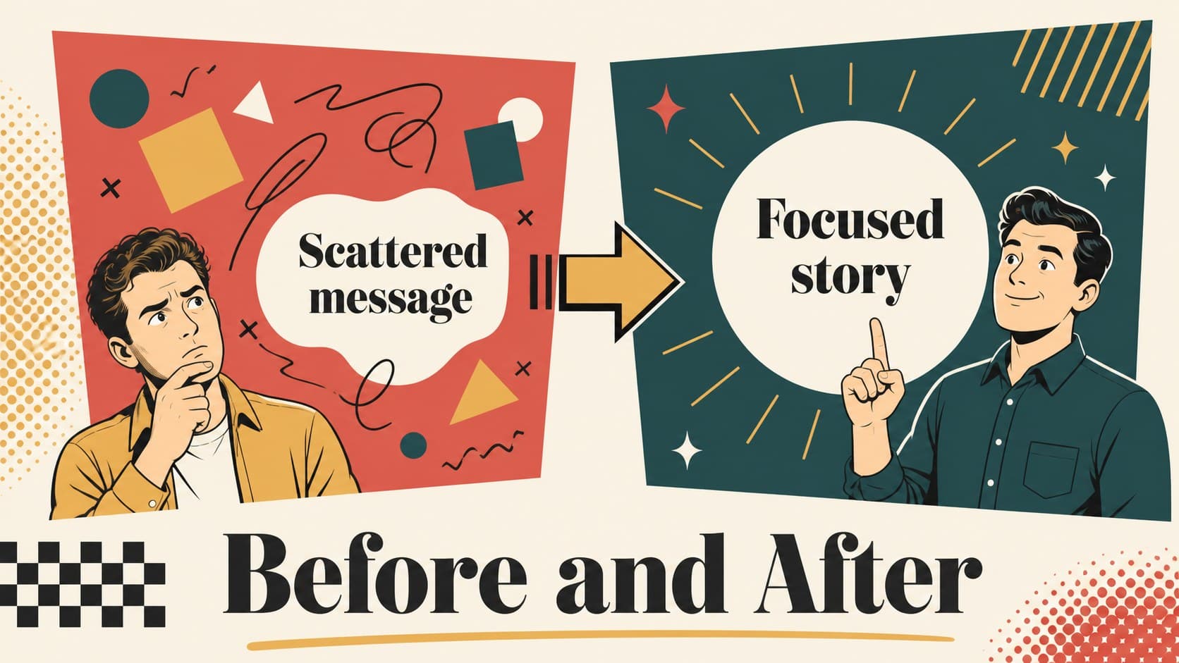 Editable comparison layout for an illustrated retro presentation theme.