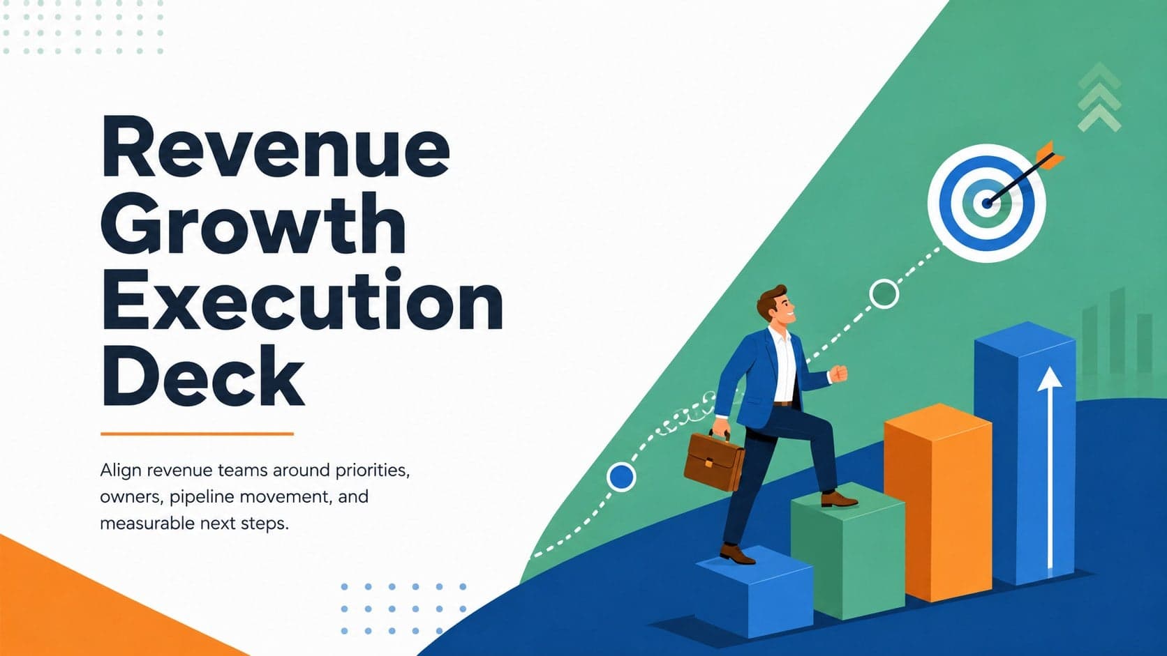 Revenue growth execution deck cover with bold geometric illustrations in orange, blue, green, and white.