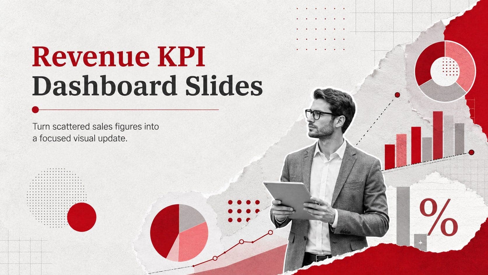 Revenue KPI Dashboard Slides cover with bold red typography, grey paper textures, and sales metric graphics.