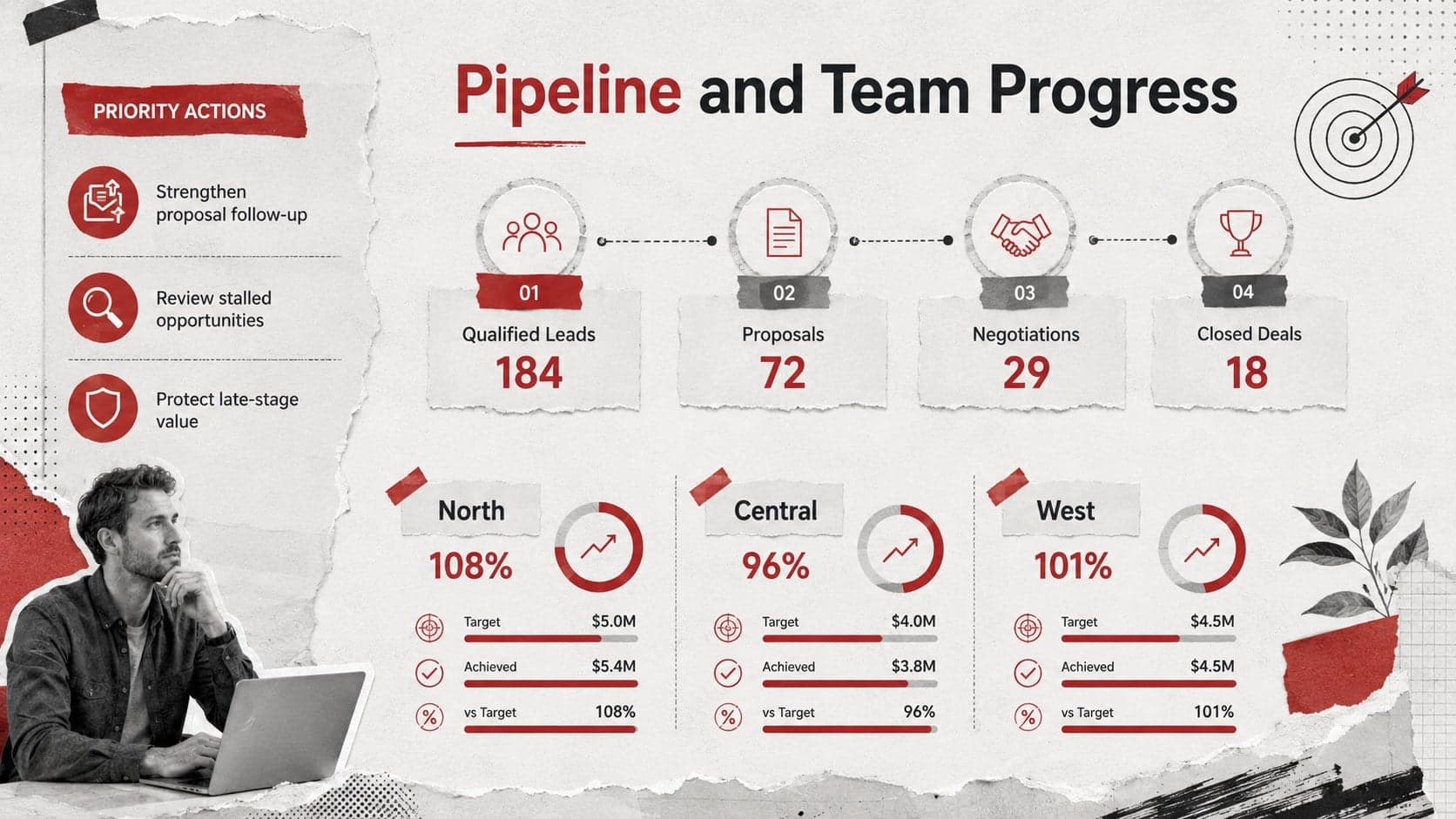 Revenue metrics review deck slide showing pipeline stages, team progress, and recommended sales actions.