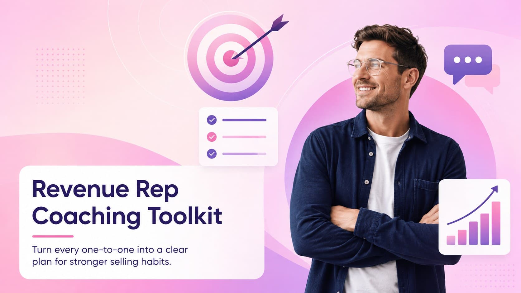 Cover of the Revenue Rep Coaching Toolkit with a vibrant pink gradient and structured sales development theme.