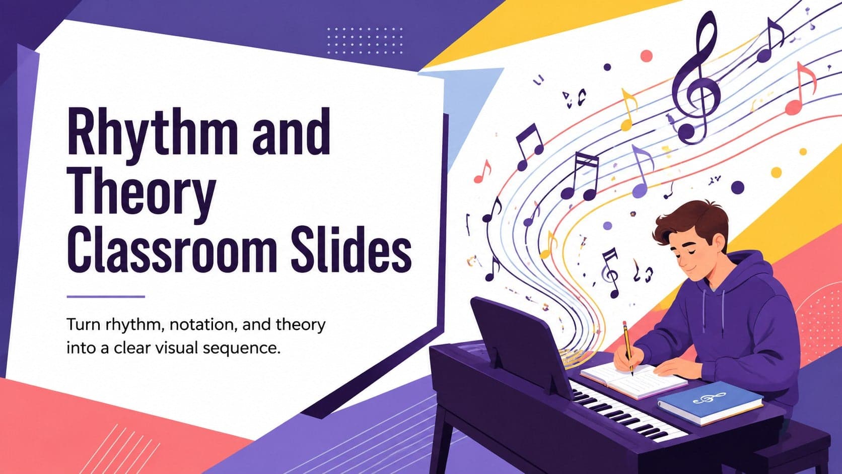 Cover for Rhythm and Theory Classroom Slides with colorful geometric music symbols on a purple and white background.
