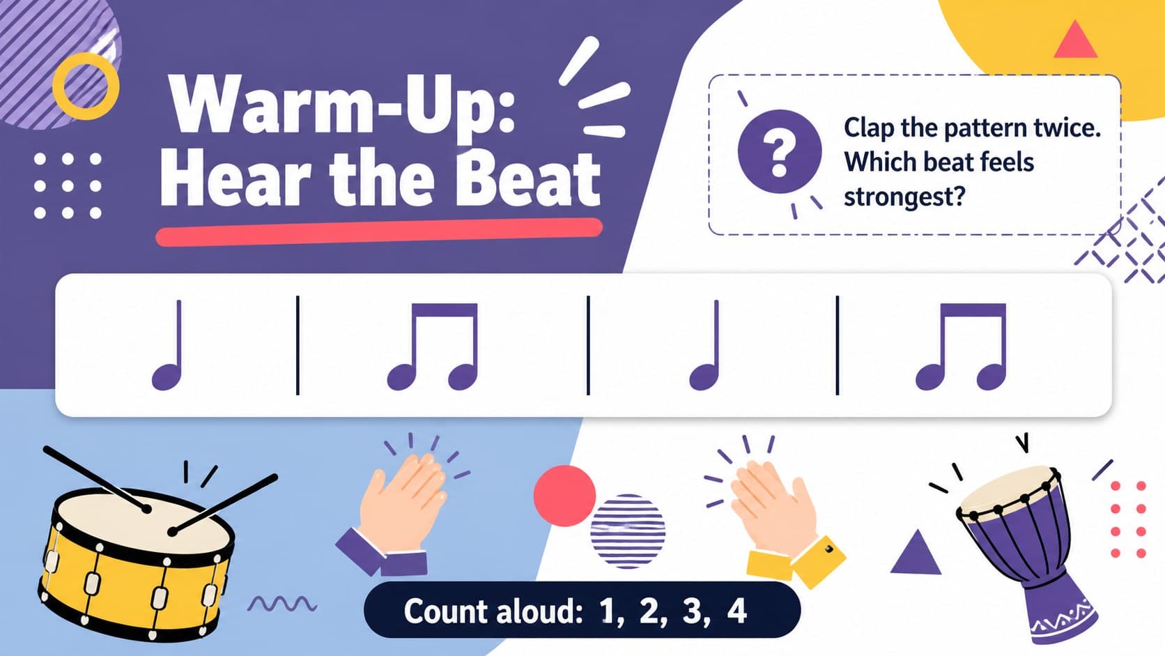 Colorful music warm-up slide asking students to identify and clap a rhythm pattern.