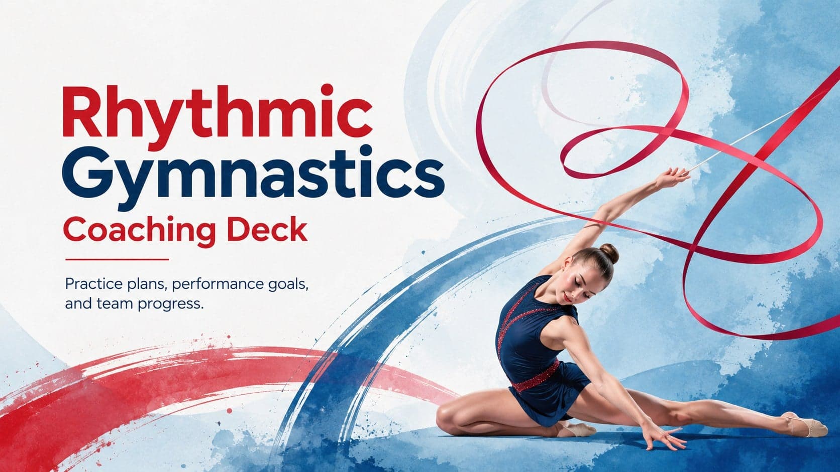Cover of a rhythmic gymnastics coaching deck with red and blue watercolor motion graphics and ribbon-inspired accents.