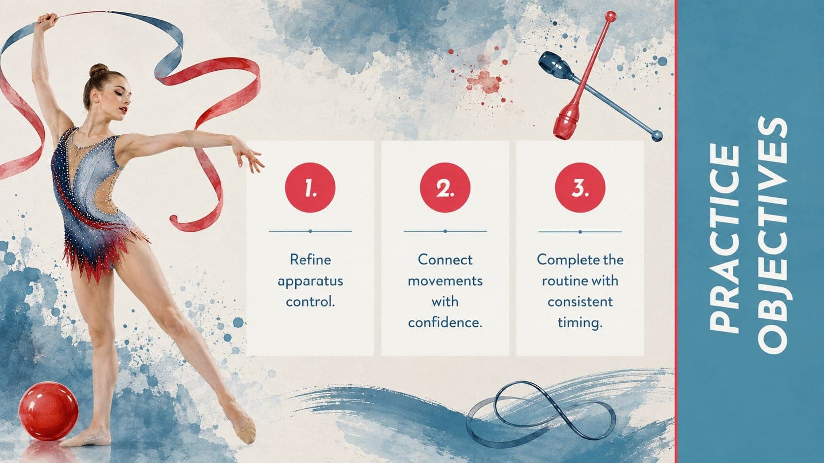 Rhythmic gymnastics lesson presentation slide outlining practice objectives with abstract apparatus graphics.