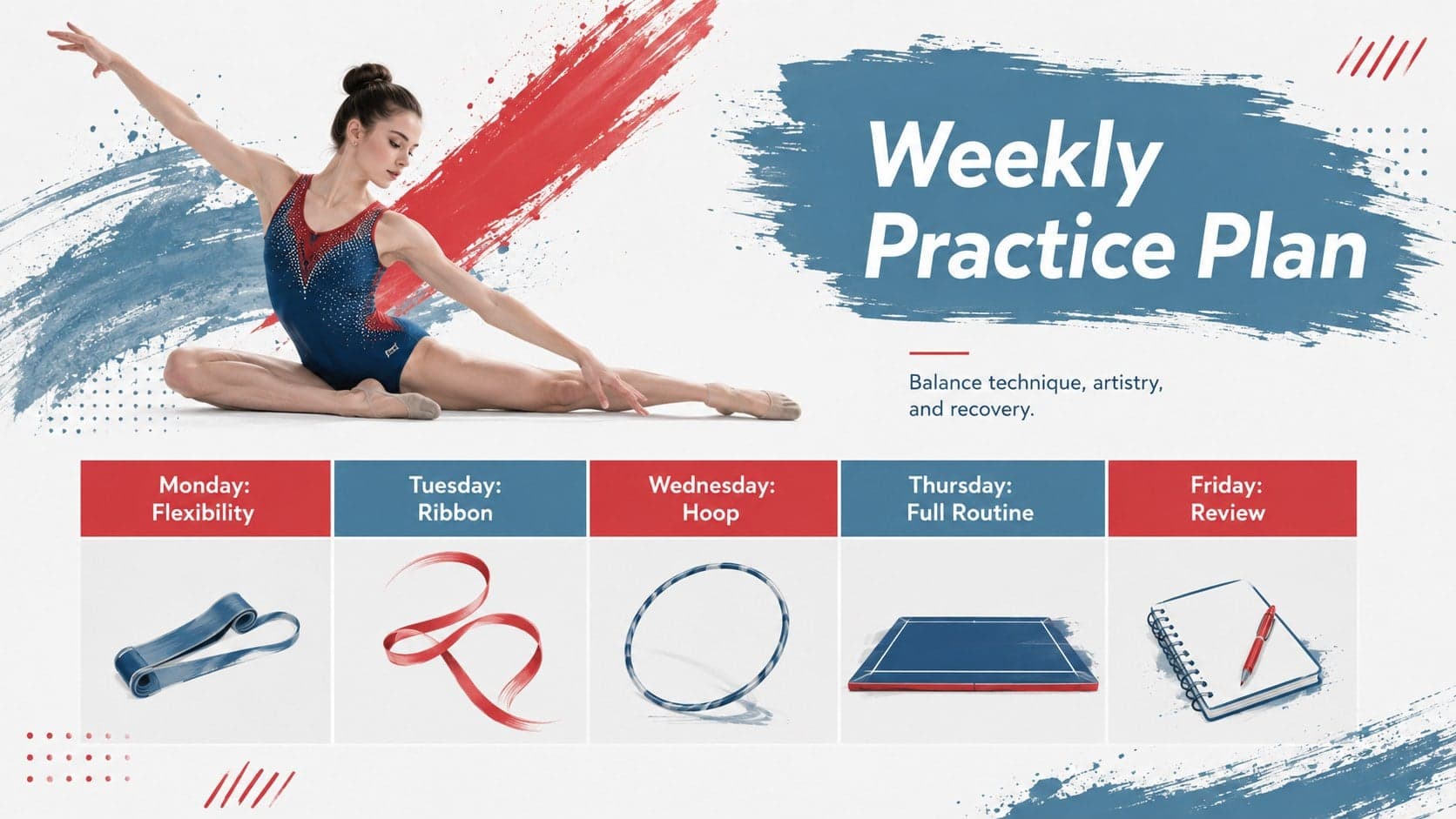 Weekly rhythmic gymnastics practice planner with timed training blocks in a red and blue abstract layout.