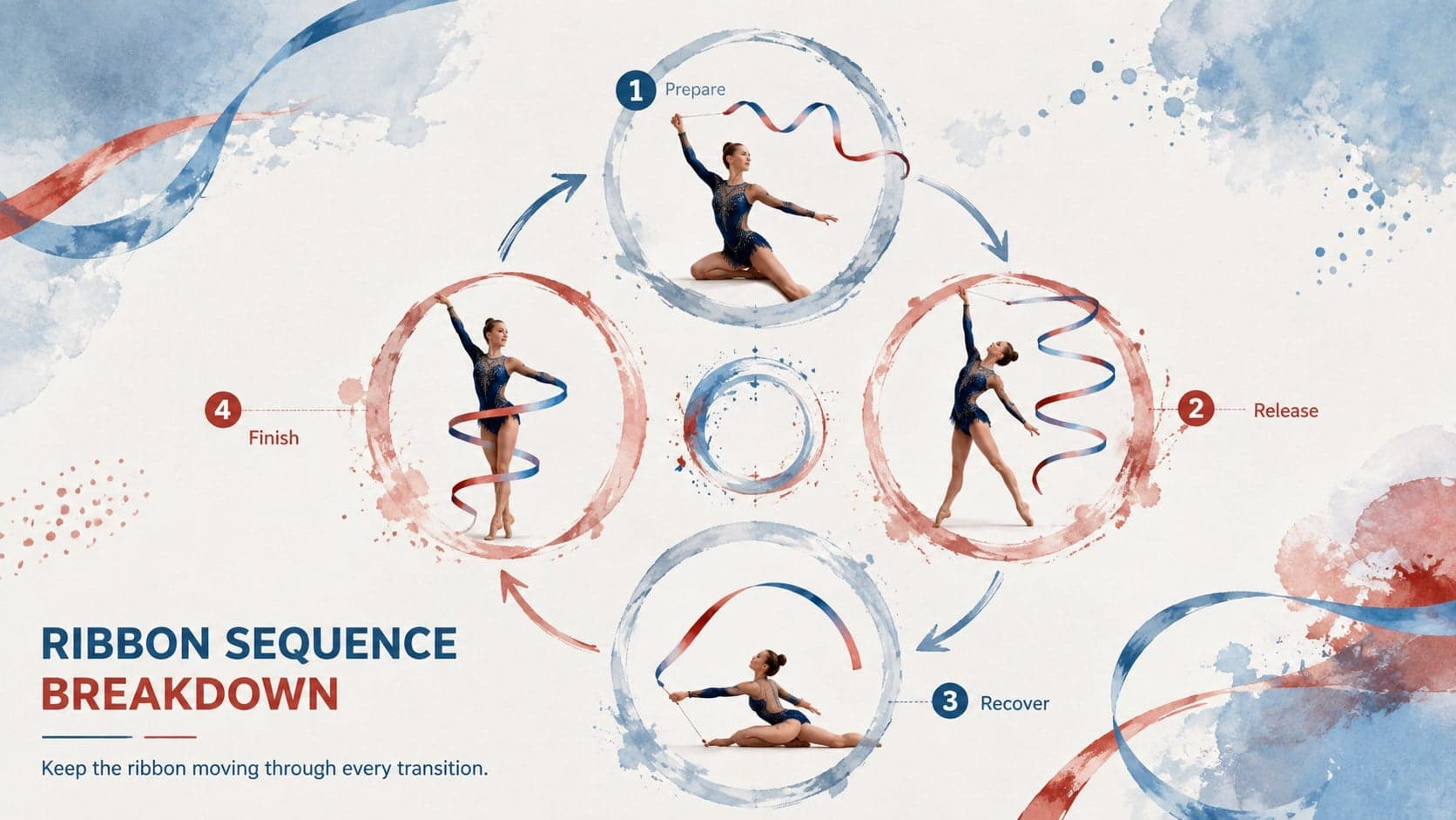 Ribbon routine training slide showing preparation, release, recovery, and finish phases.