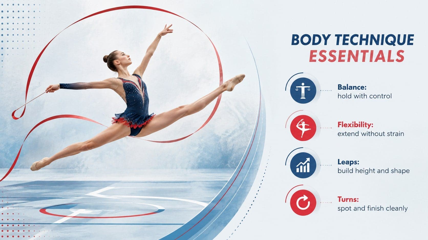 Gymnastics coaching slide explaining body technique through balance, flexibility, leaps, and turns.