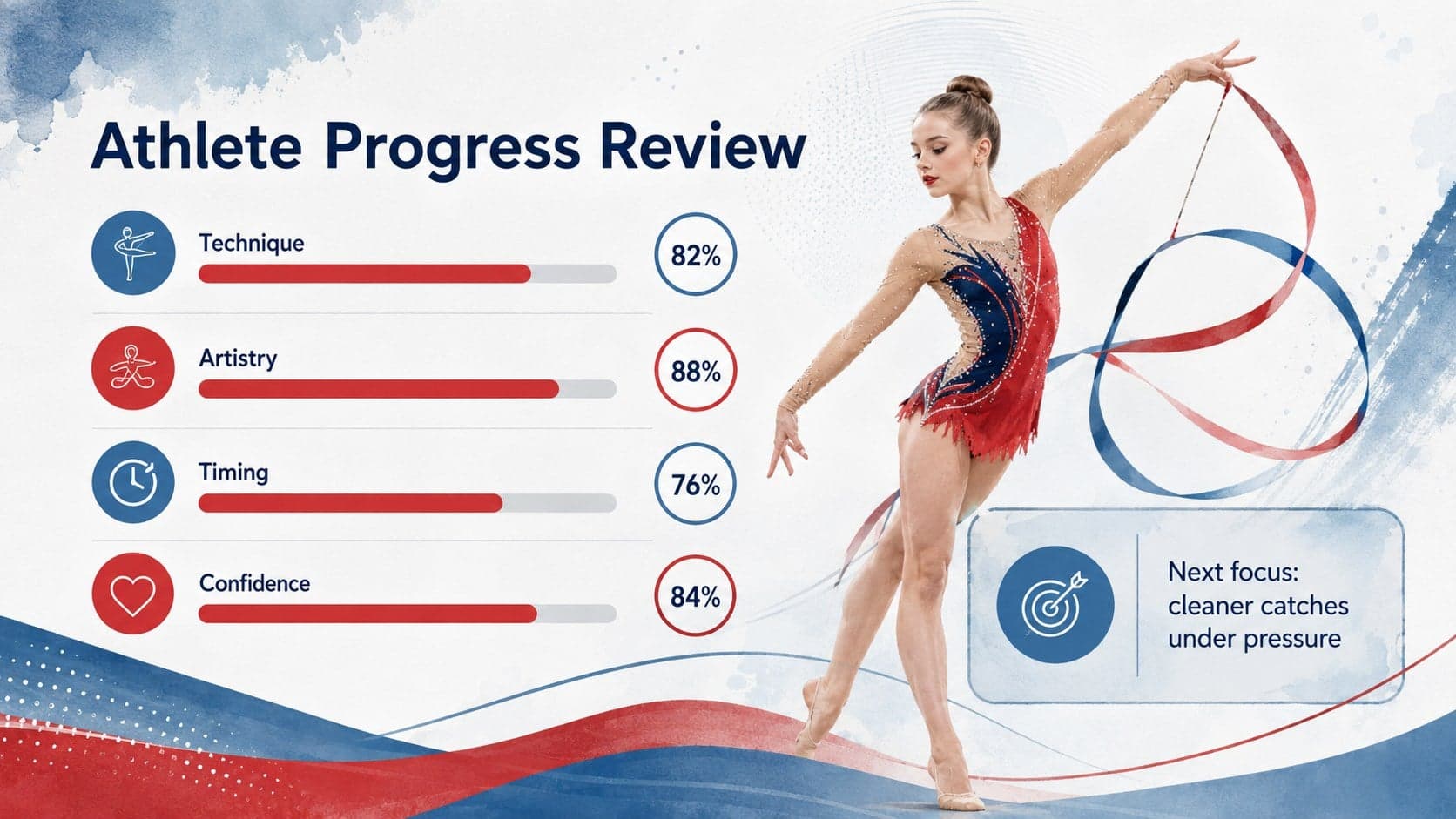 Athlete progress review slide with technique, artistry, timing, and confidence indicators.