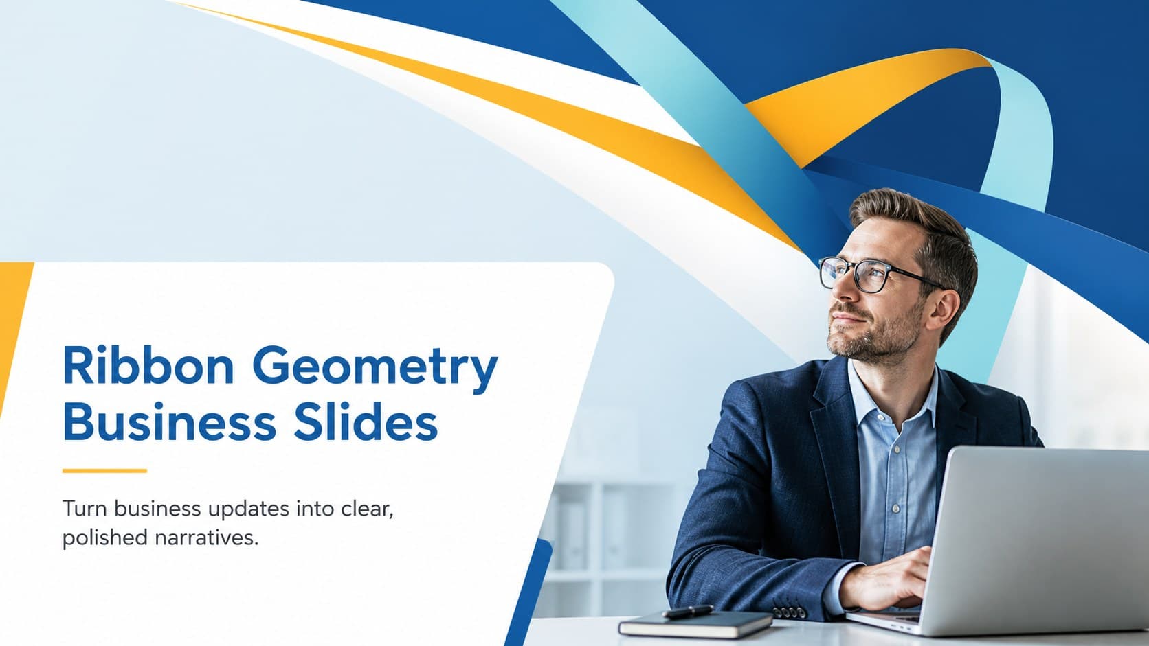 Cover for Ribbon Geometry Business Slides with blue and yellow geometric ribbon accents on a clean white background.
