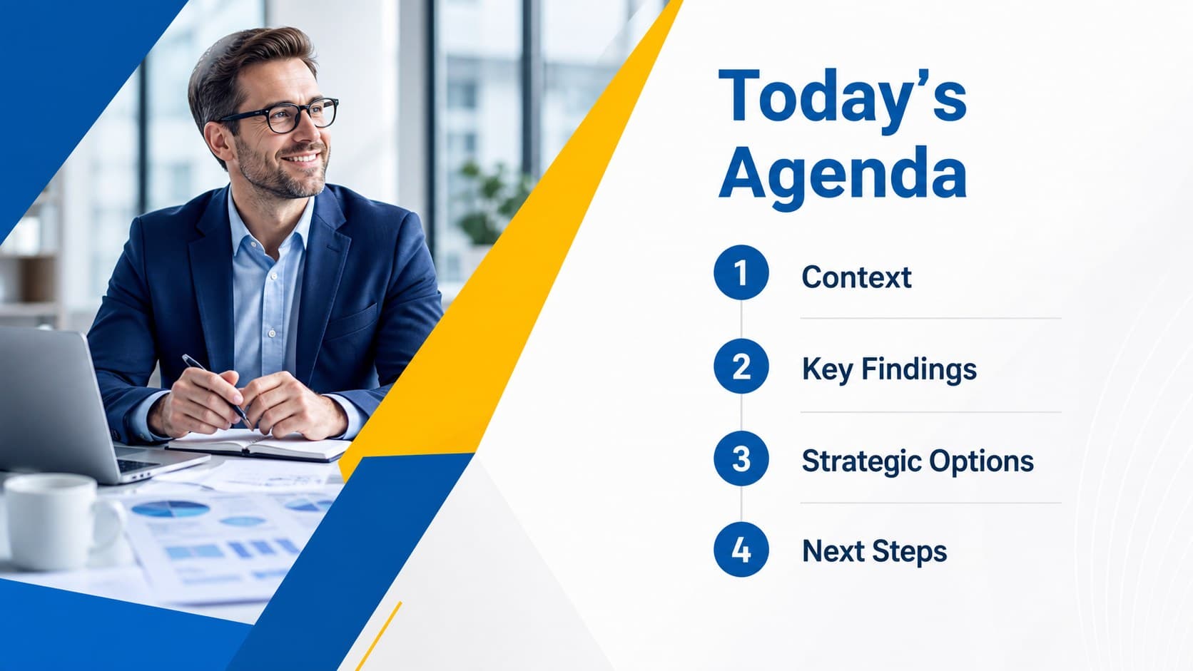 Business presentation agenda arranged beside blue and yellow ribbon geometry.