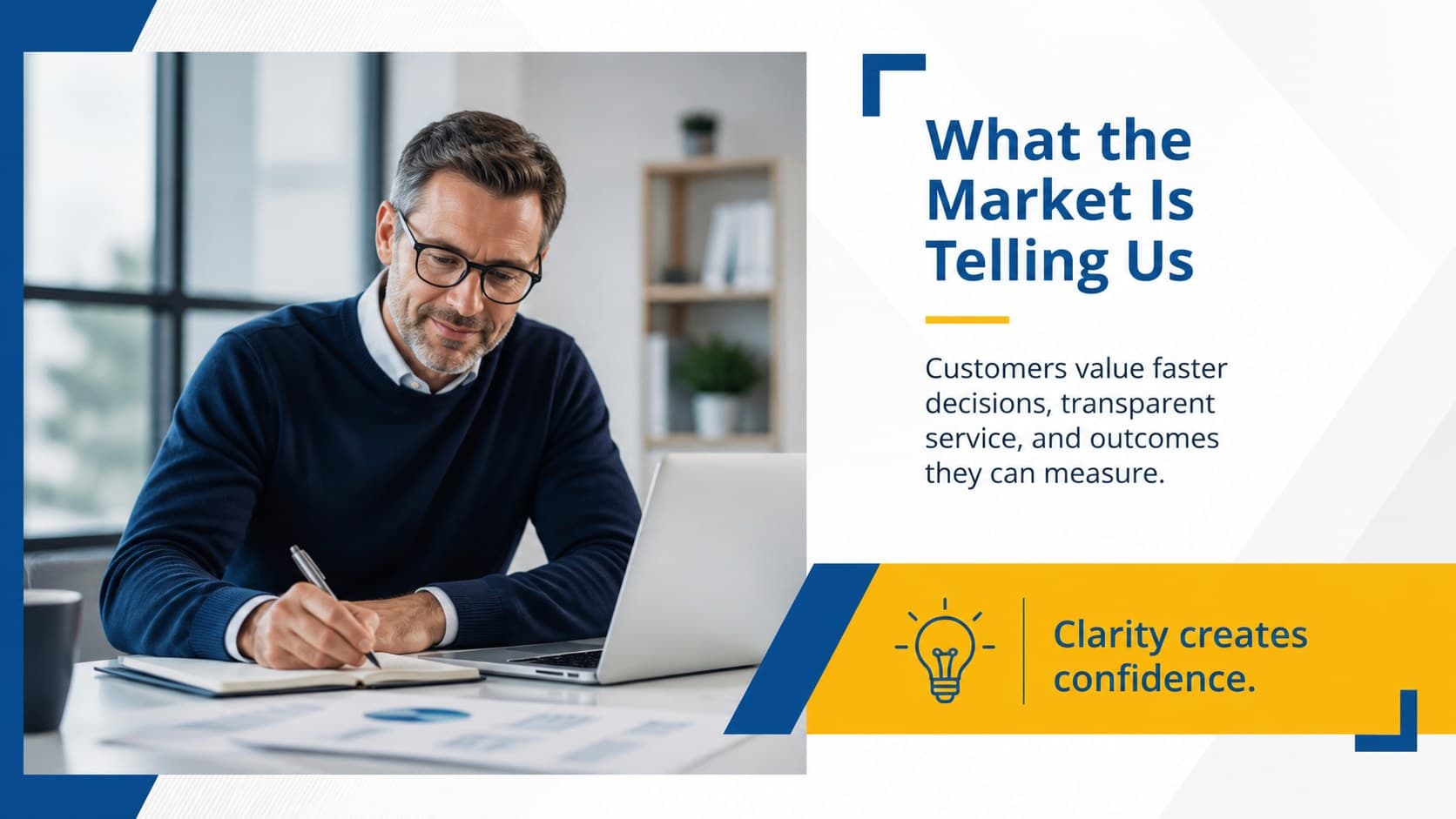 Market insight layout pairing a large business photo with concise findings and ribbon accents.