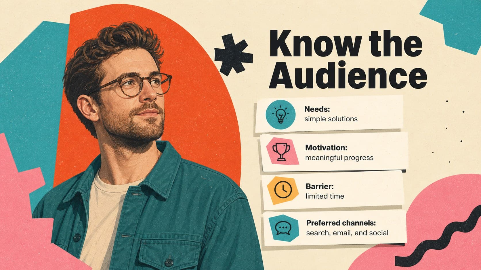 Creative audience profile slide for a risograph marketing strategy workshop.