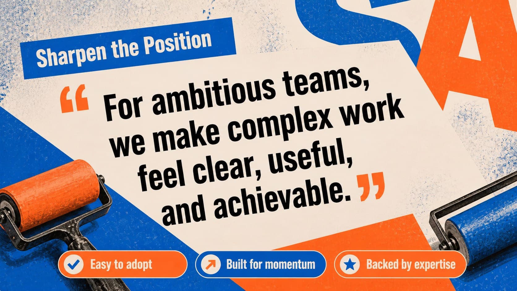 Bold brand positioning statement slide in a colorful risograph marketing presentation.