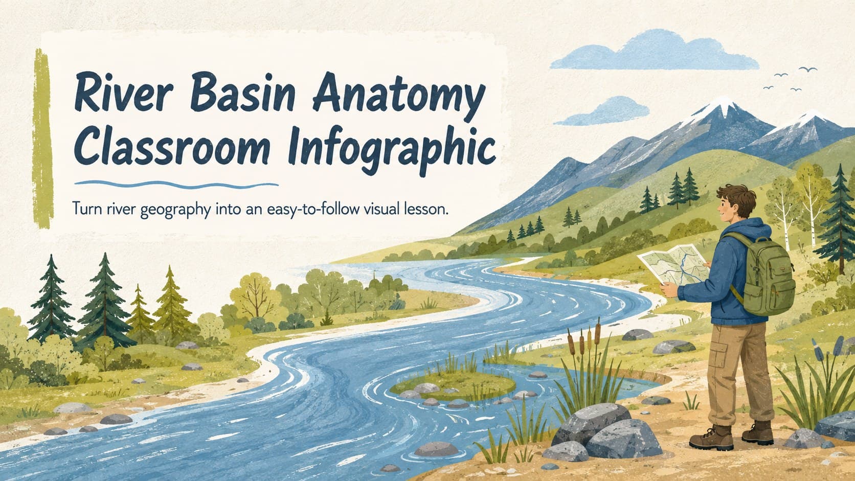 Cover for a River Basin Anatomy Classroom Infographic with an illustrated river flowing through a labeled landscape.