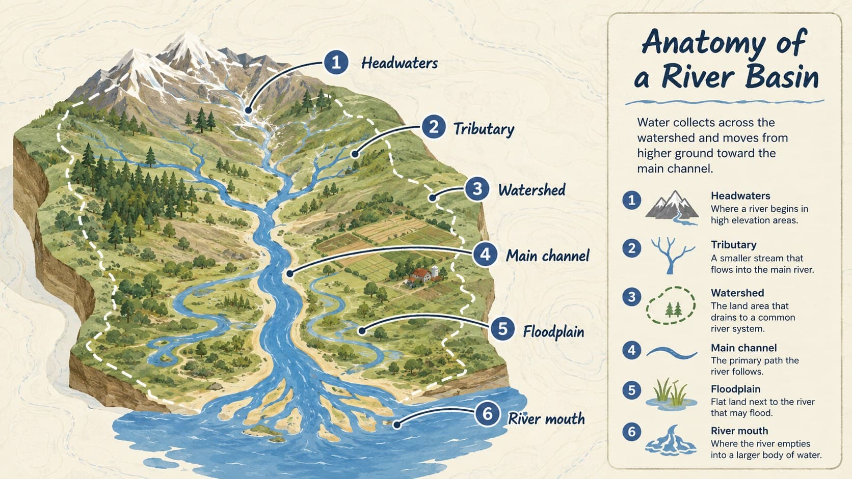 Illustrated watershed diagram for students labeling the headwaters, tributaries, floodplain, main channel, and river mouth.
