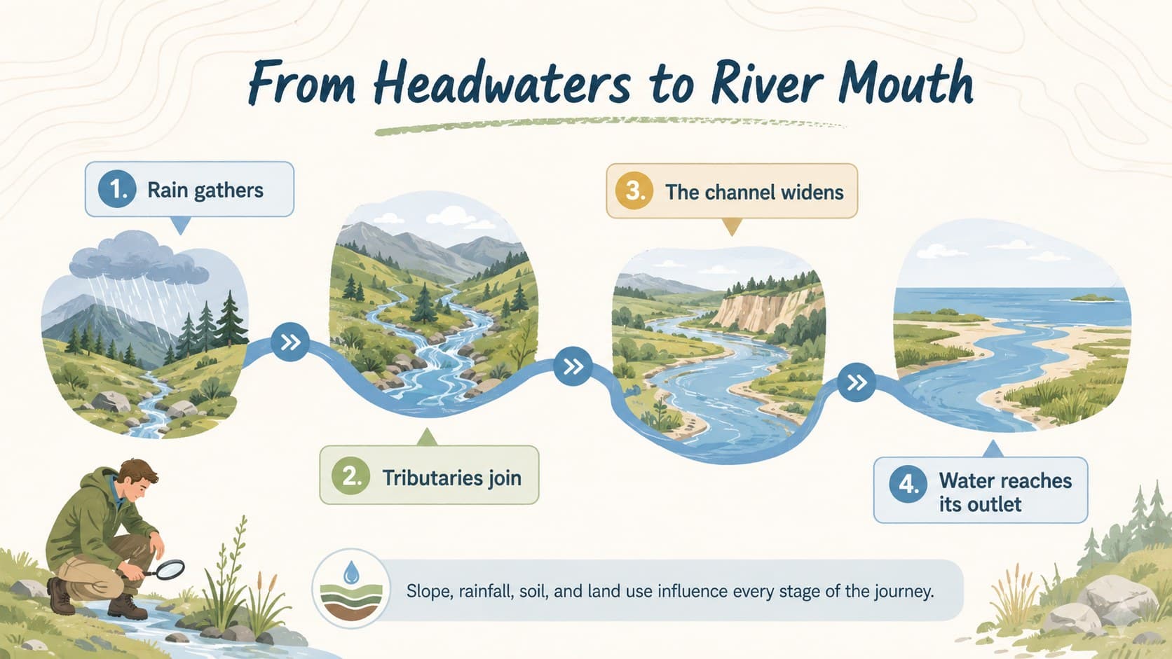 River basin lesson visual showing four stages of water flow from mountain headwaters to the river mouth.