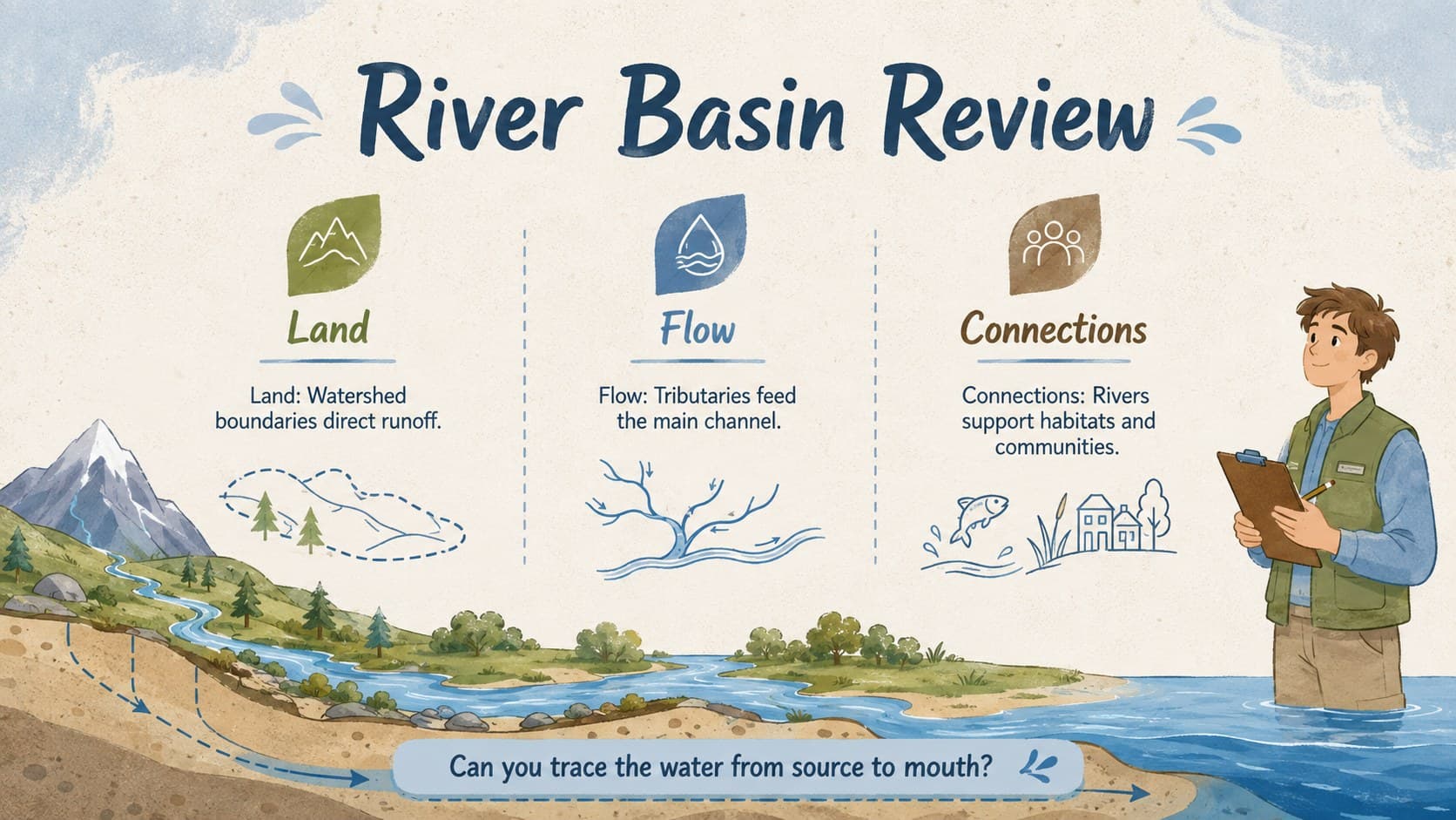 Classroom river systems recap comparing watershed features, their roles, and environmental importance.
