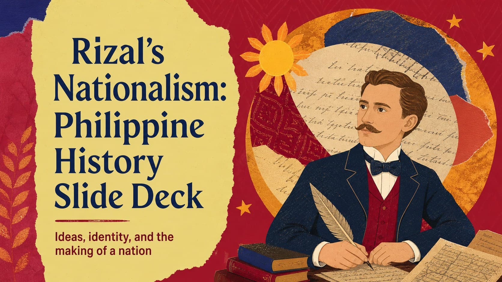 Cover slide for a Philippine nationalism history slide deck with a red collage background and a bold historical title.