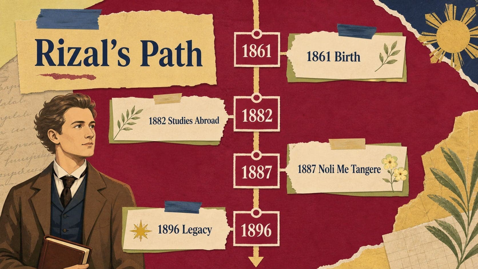 Jose Rizal biography slide showing a milestone timeline in a colorful collage lesson design.